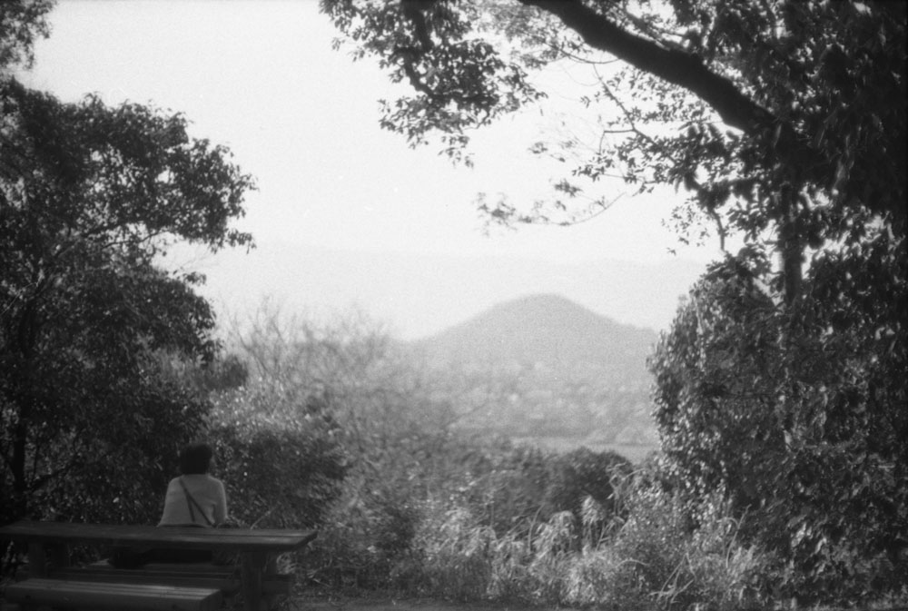 山頂で景色を眺める女性